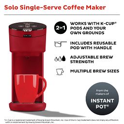 Instant Solo Maroon Single Serve Coffee Maker with text works with k-cup pods & your own grounds